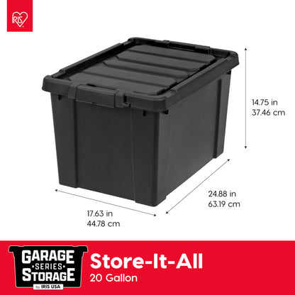 IRIS USA 20 Gallon Lockable Storage Bins with Lids, 6 Pack - Made in USA, Heavy Duty, Stackable Containers, Garage Organizing Bins Moving Tubs, Rugged Sturdy Equipment Utility Box - Black
