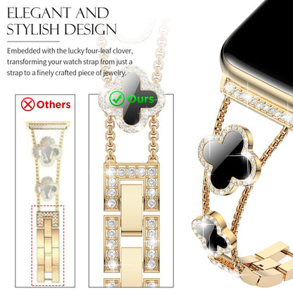 CTYBB Bling Diamond Band Compatible with Apple Watch Bands for Women 40mm 41mm 38mm 42mm Series 11 10 9 8 7 6 5 4 SE 3 2 1, Sparkle Metal Bracelet Wristband, Cute Lucky Clover Dressy iWatch Band,Gold/Black