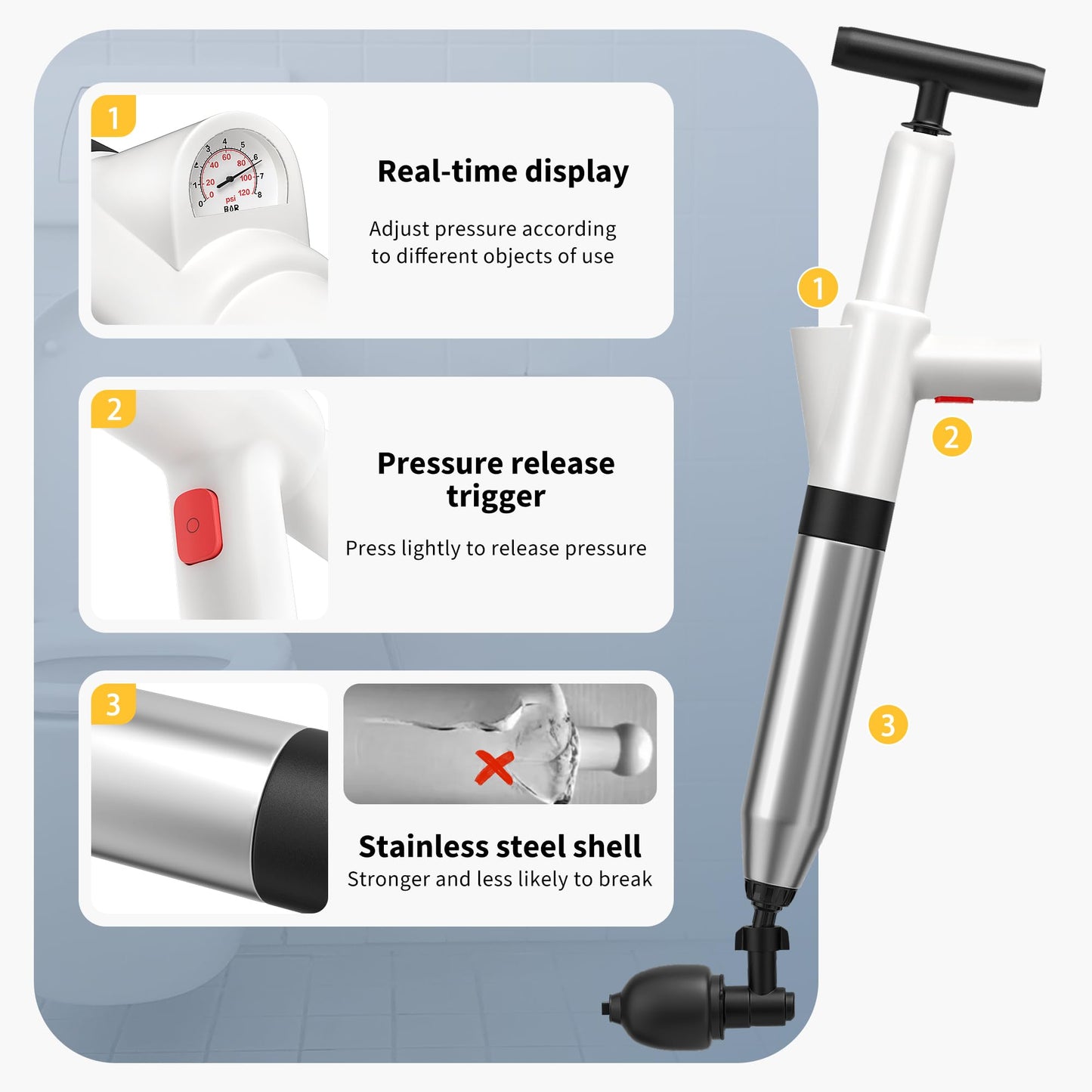 Toilet Plunger, Drain Clog Remover, High-Pressure Air Drain Blaster with Real-Time Barometer Powerful Drain Snake Sink Plunger Plumbing Tools, Plungers for Bathroom, Sink, Floor, Kitchen Clogged