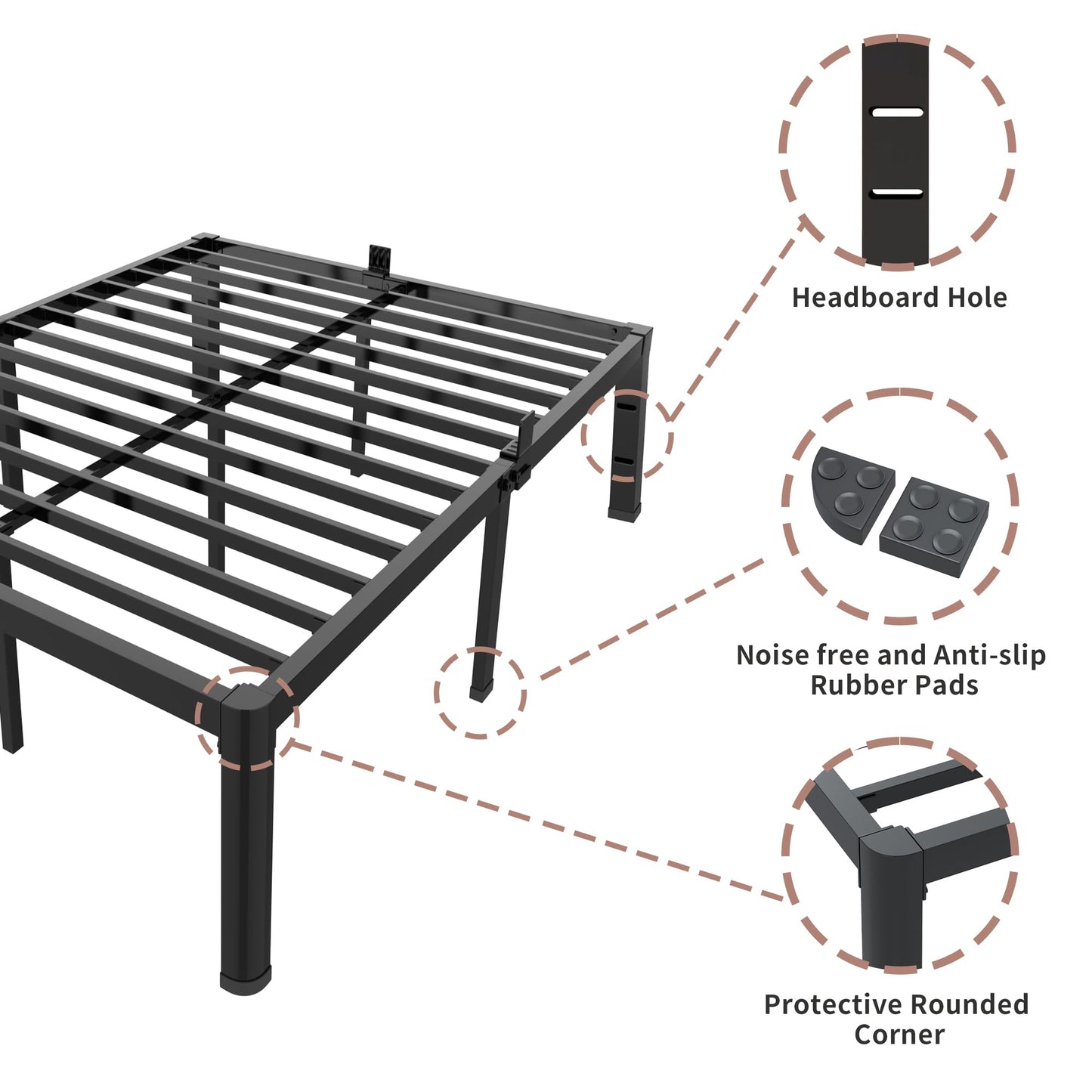 ROIL 14 inch Twin Bed Frames with Headboard Hole and Round Corner Legs Mattress Retainers 3500LBS Heavy Duty Steel Slats No Box Spring Needed Platform Noise-Free Easy Assembly