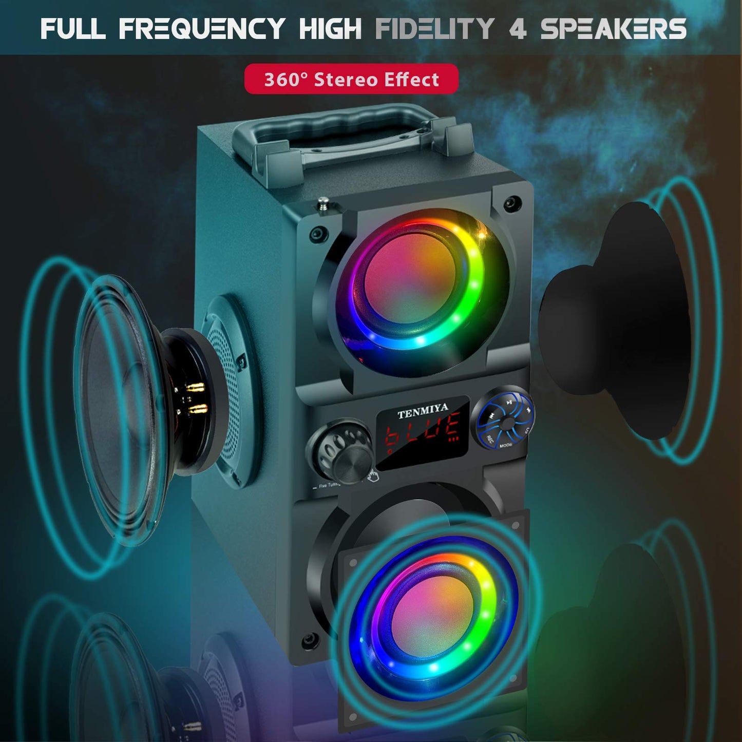 Bluetooth Speaker, 40W (60W Peak) Portable Wireless Speaker with Colorful Lights, Double Subwoofer Heavy Bass, FM Radio, MP3 Player, Bluetooth 5.0, Loud Stereo speakers for Home Outdoor Party Camping