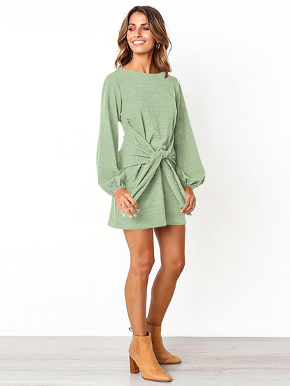 PRETTYGARDEN Women's Elegant Long Lantern Sleeve Short Dress Crewneck Tie Waist Knit Cocktail Dress (Bean Green,Small)