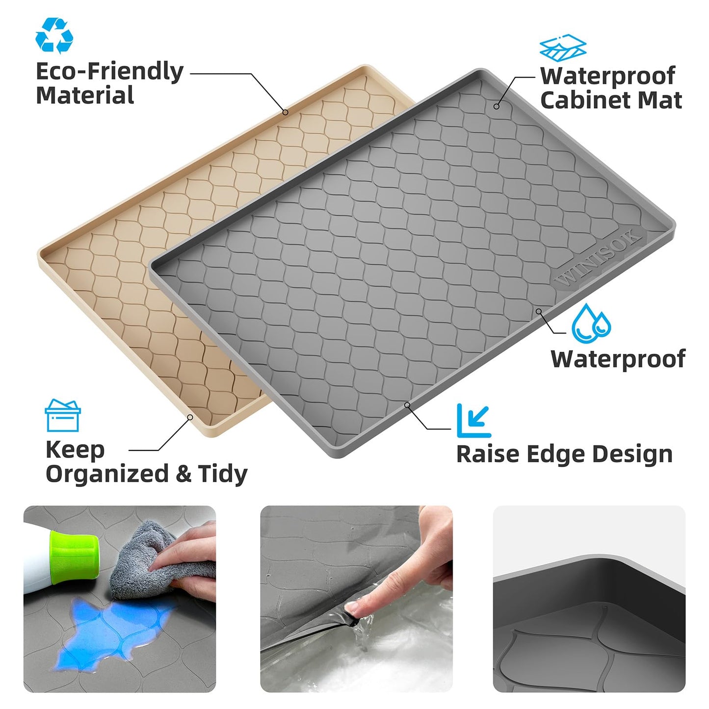 Winisok Silicone Under Sink Mat 34" x 22", kitchen Essentials and Gadgets, Shelf liner and Cabinet Protector, Home Organizers and Storage, Waterproof Bathroom Tray