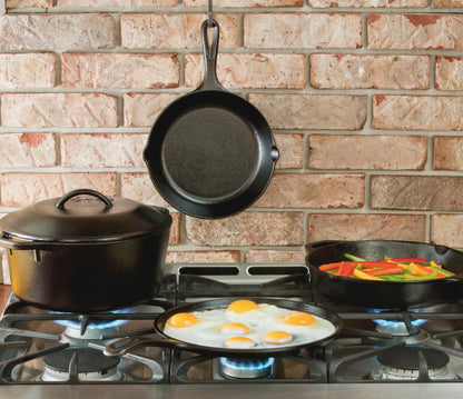 Lodge Seasoned Cast Iron 5 Piece Bundle. 10.5" Griddle, 8" Skillet, 10.25" Skillet, 10.25" Dutch Oven, and 10.25" Lid,Black