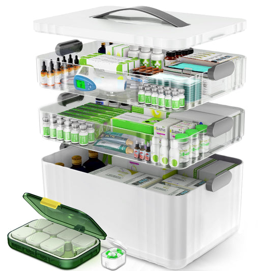 ARSTPEOE 3-Tier Medicine Organizer - Portable Medicine Cabinet with Plastic Handle, Multipurpose Medical Box with Pill Box, Empty First Aid Kit for Home