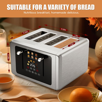 WUNLY 4 Slice Toaster, Touchscreen & Dual Independent Control Panel，5 Basic Functions & Digital Countdown Toasters, 6 Shade Settings＆6 Bread Types, Smart Bread Toaster Mute/Screen-Off,Silver