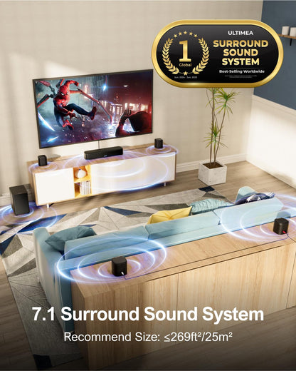ULTIMEA 7.1ch Virtual Surround Sound Bar, Sound Bar for Smart TV with 4 Surround Speakers, Peak Power 330W, Surround Sound System for TV, App Control, TV Soundbar with Subwoofer, Opt/AUX/BT, Aura A40