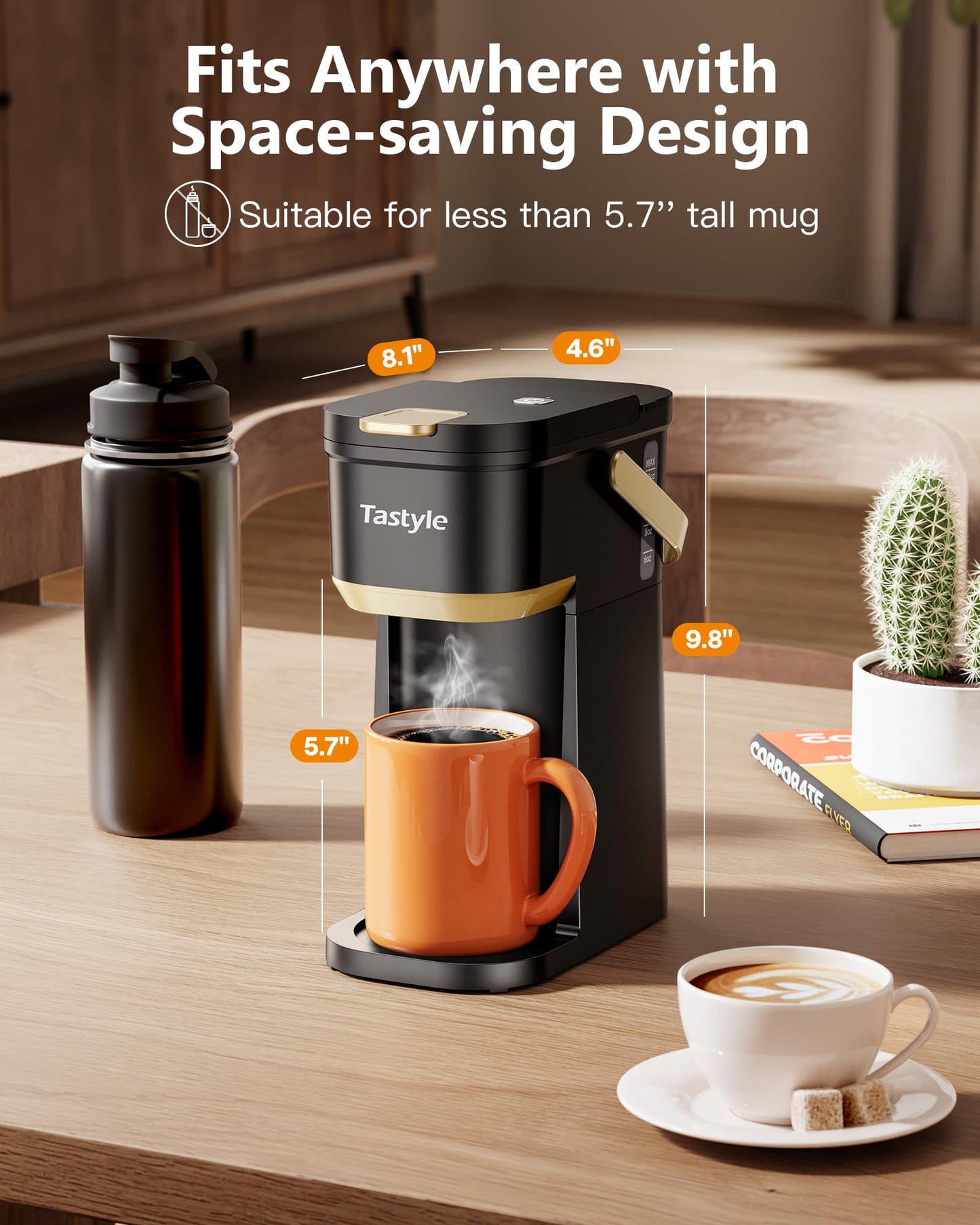 Tastyle Single Serve One Cup Coffee Maker, for K Cups and Grounds, Mini Coffee Maker with Portable Handle, 6 to 12 Oz Brew Size, for Travel, Camping, Office, RV and Dorm, Black and Gold