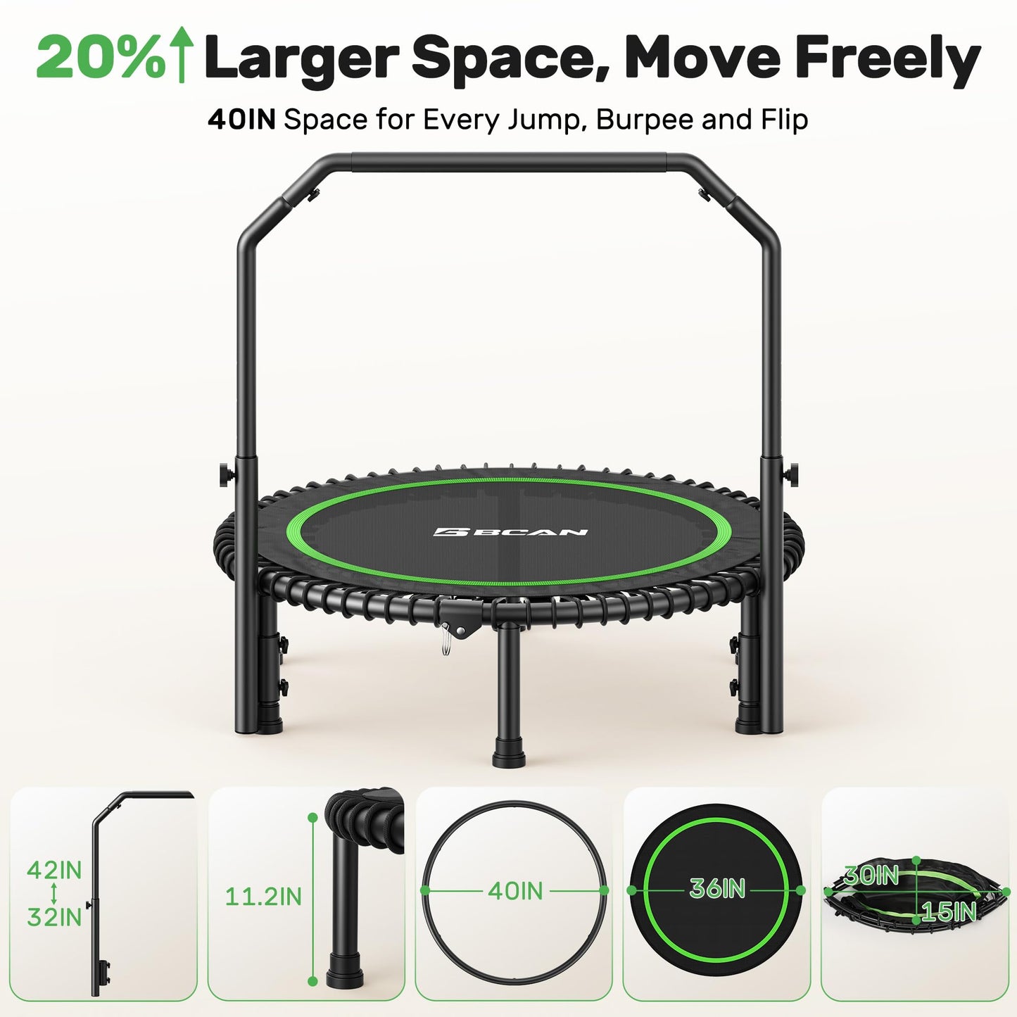 BCAN Adult Mini Trampoline, 40" Fitness Trampoline with Bungees, U Shape Adjustable Foam Handle, Stable & Quiet, Indoor Outdoor Workout-Green