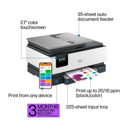 HP OfficeJet Pro 8125e Wireless All-in-One Color Inkjet Printer, Print, scan, Copy, ADF, Duplex Printing, Home & Office, 3 Months of Instant Ink Included (405T6A)