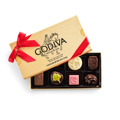 Godiva Red Ribbon Gold Assorted Chocolate Gift Box, Belgian Dark and Milk Chocolates with Pralinés, Ganaches & Caramels, Gourmet Valentine's Day Gift, Kosher, 8 Pc