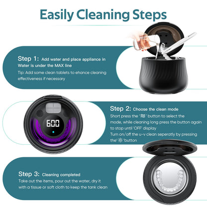 KINTLE Ultrasonic Retainer Cleaner Machine- 45kHz Denture Cleaner, 200ML Dental Cleaning Pod for Aligners, Mouth Night Guards, Toothbrush Heads & Jewelry, 4 Cleaning Modes, Digital Timer, Black