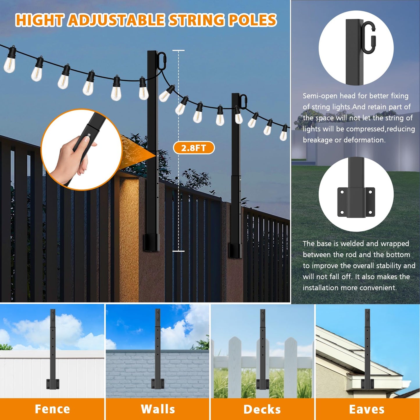 2.8Ft String Light Poles 8 Pack,Light Poles for Outside Lights,Outdoor with Fence Brackets Hanging Lights,Metal Stand Deck Patio Backyard