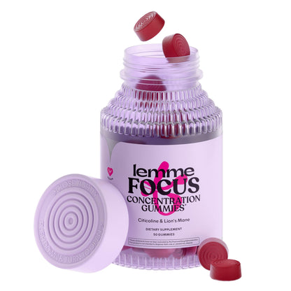 Lemme Focus Concentration & Brain Health Gummies with Cognizin Citicoline, Lion's Mane Mushroom, Vitamin B12 - Vegan, Gluten Free, Caffeine Free, Strawberry (50 Count)