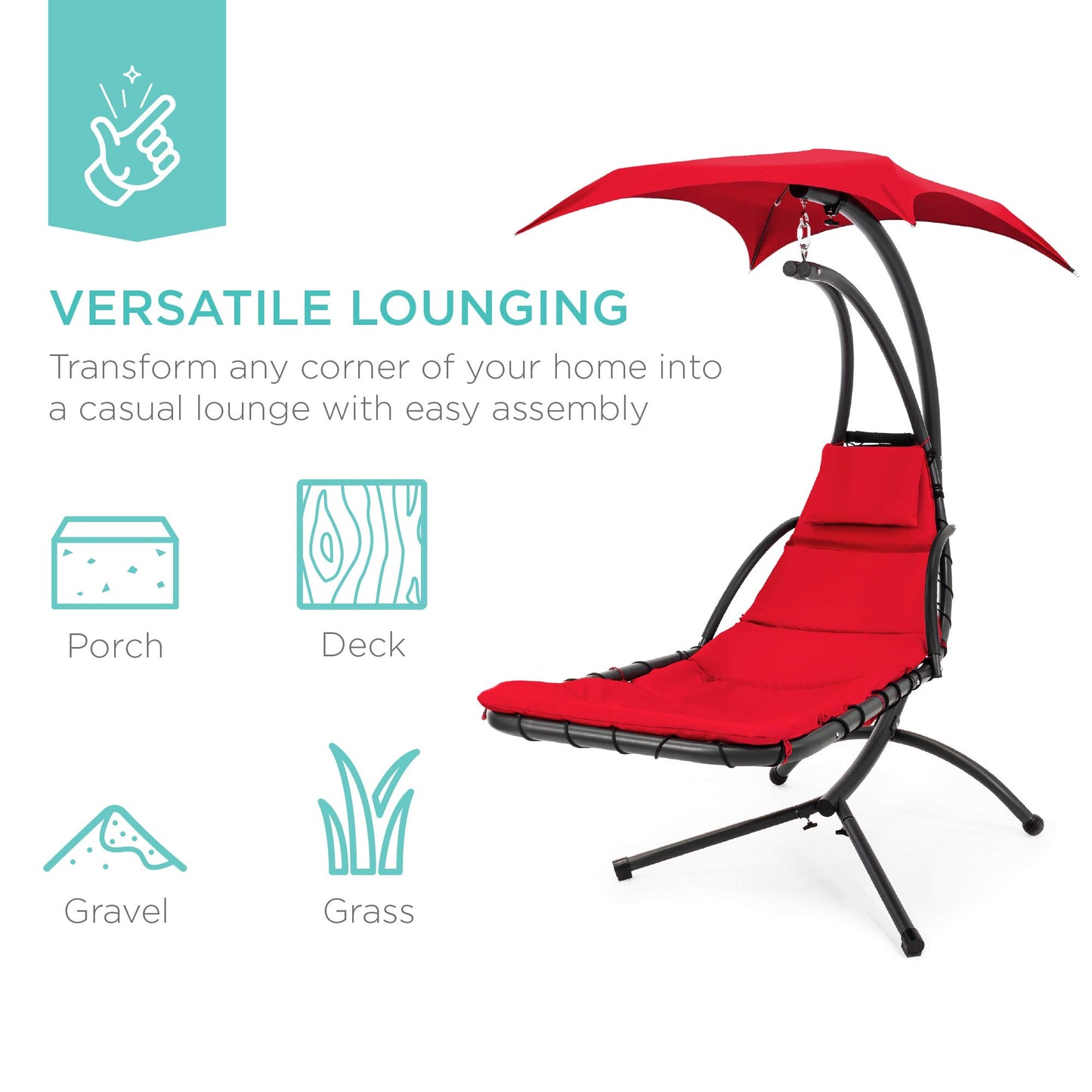 Best Choice Products Outdoor Hanging Curved Steel Chaise Lounge Chair Swing w/Built-in Pillow and Removable Canopy -Red