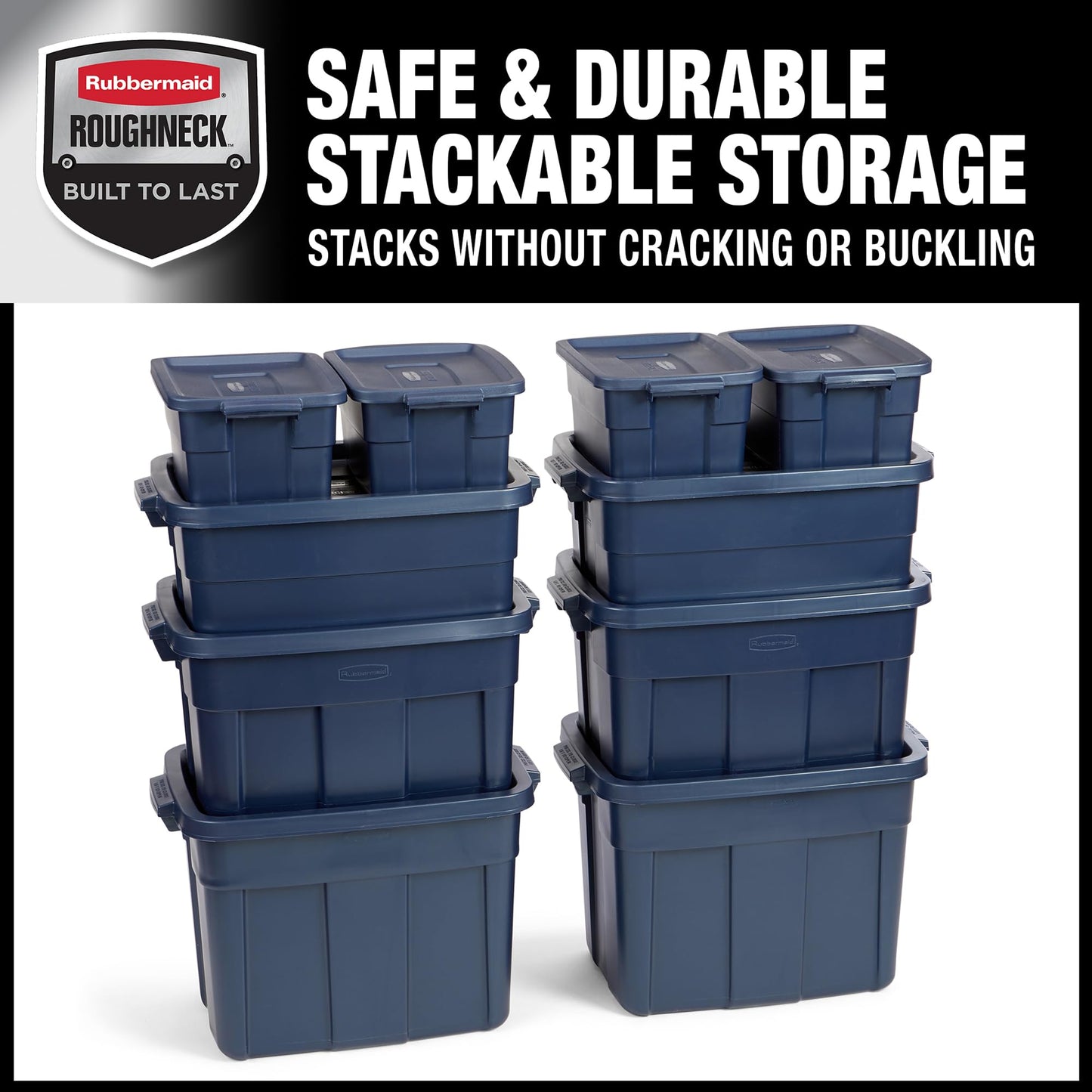 Rubbermaid Roughneck Tote Variety, 10 Pack, Made in USA, Dark Indigo Metallic, Rugged Plastic Stackable Storage Bins with Lids and Handles