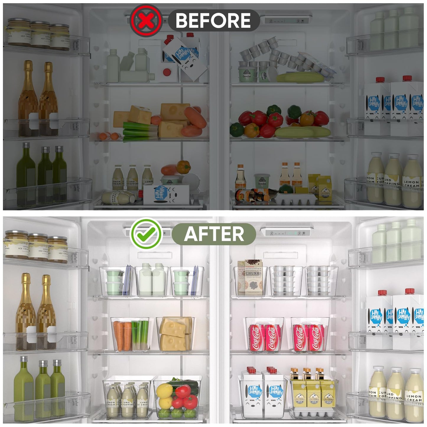 BALEINE Clear Plastic Storage Bins, Pantry Organization, BPA Free Stackable Refrigerator Organizers and Storage with Handles for Kitchen Fridge Cabinet Bathroom (4PK, 10.5x6x5)