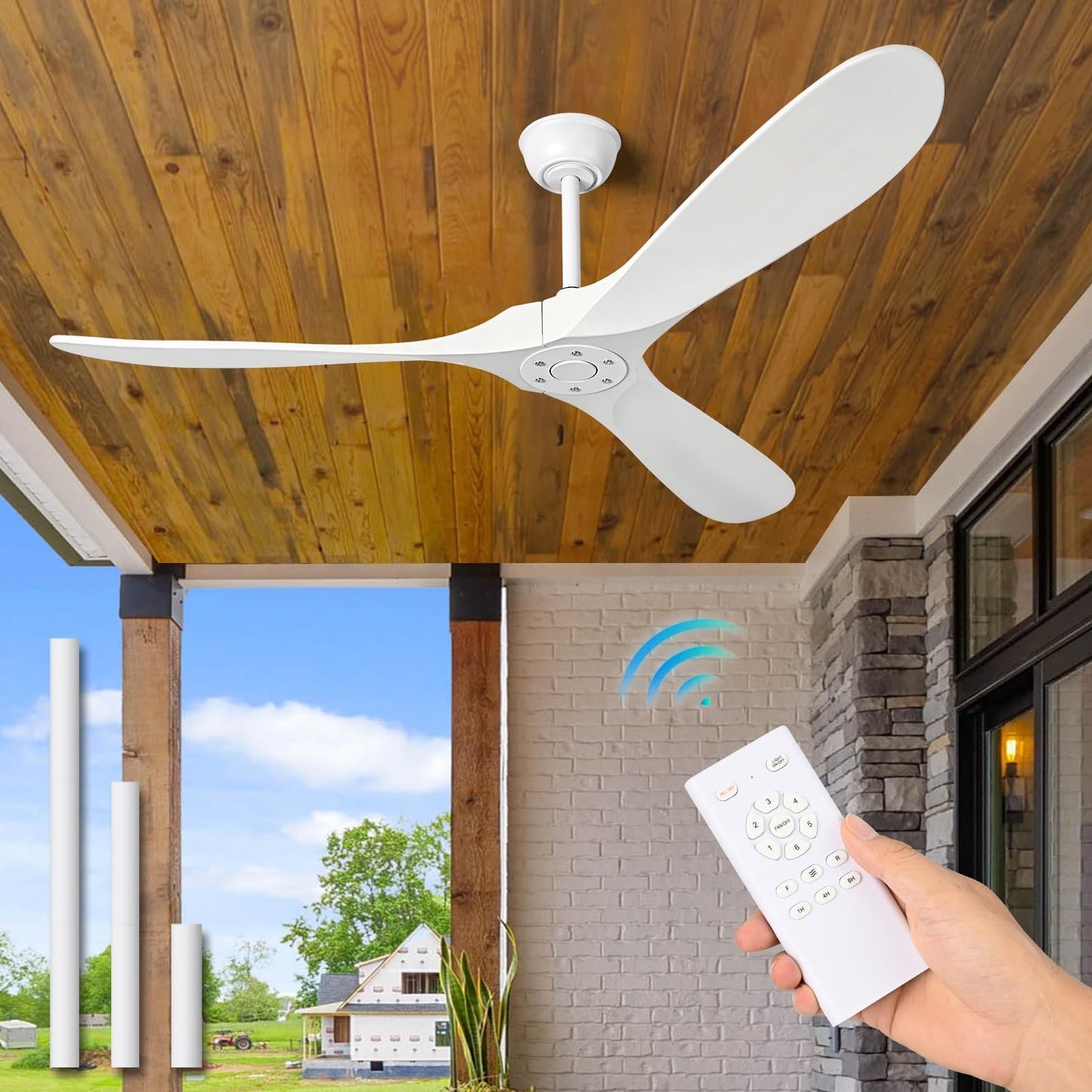 Zronon 72 Inch White Ceiling Fan No Light, Wood Outdoor Ceiling Fans without Lights for Patios Gazebo Porch Living Room, Modern Exterior Extra Large High CFM Ceiling Fan No Light with Downrod