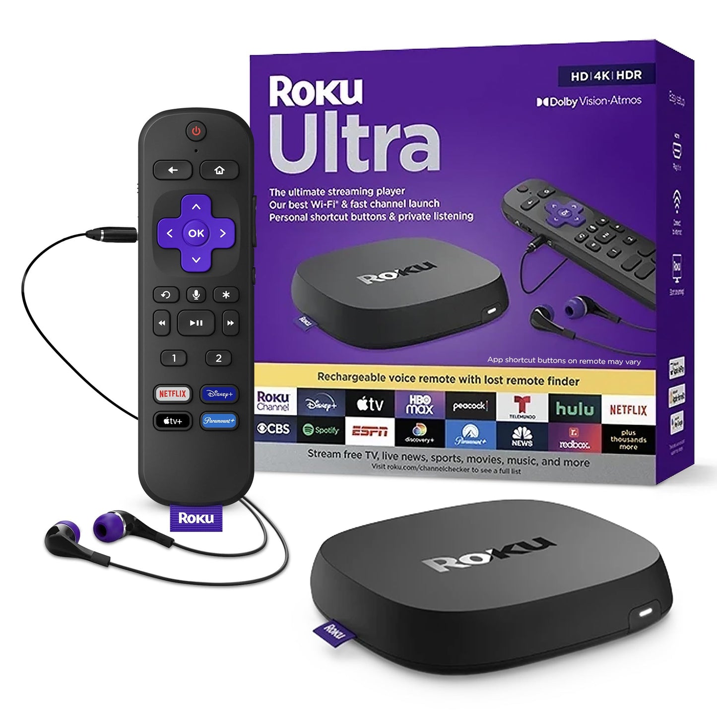 Roku Ultra | The Ultimate Streaming Device 4K/HDR/Dolby Vision/Atmos, Rechargeable Roku Voice Remote Pro, Ethernet Port, Hands-Free Controls, Lost Remote Finder, Free & Live TV