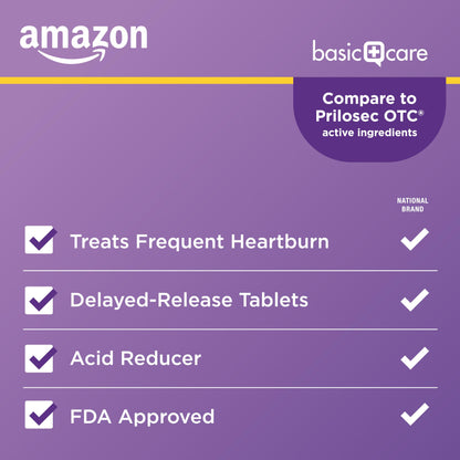 Amazon Basic Care Omeprazole Delayed Release Tablets 20 mg, Treats Frequent Heartburn, Acid Reducer, Heartburn Medicine, 42 Count (Pack of 1) (Packaging may vary)