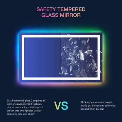 LOAAO 72”X40“ RGB LED Bathroom Mirror with Lights, Large, Anti-Fog, Dimmable Smart Lighted Bathroom Vanity Mirror, Multiple Light Modes, RGB Backlit + Front Light, Memory Function, Tempered Glass