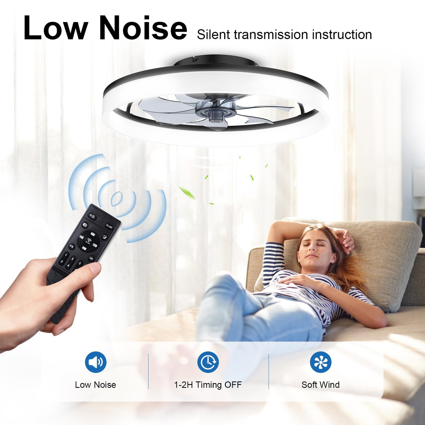 Ceiling Fans with Lights and Remote, 20" Fandelier Ceiling Fan Flush Mount, 3000K-6500K Smart Bladeless LED Fan Light, Modern Low Profile Ceiling Fan with Light for Bedroom, Kids Room and Living Room.