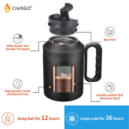 CIVAGO 50 oz Insulated Tumbler Mug with Lid and Straw, Vacuum Travel Coffee Mug with Handle, Double Wall Stainless Steel Water Cup Bottle, Black