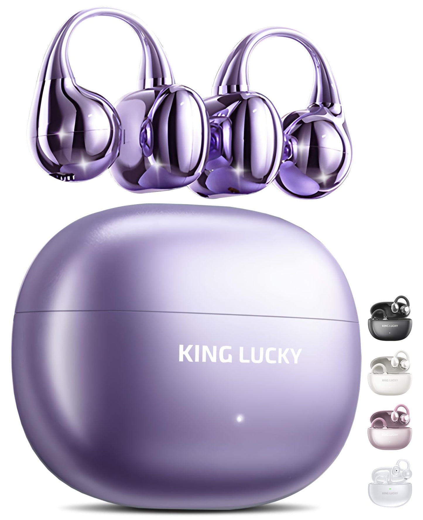 King Lucky Clip on Earbuds Open Ear Wireless Bluetooth 5.4 Headphones with Mic,50H Play,Noise Cancelling,Waterproof,Sports Ear Buds,Comfortable for Small Ears & Glasses Wearers,Workouts (Purple)