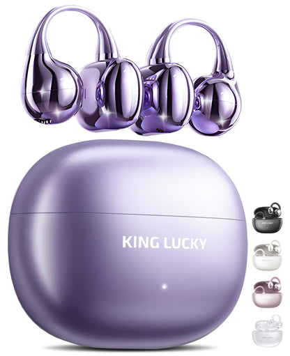 King Lucky Clip on Earbuds Open Ear Wireless Bluetooth 5.4 Headphones with Mic,50H Play,Noise Cancelling,Waterproof,Sports Ear Buds,Comfortable for Small Ears & Glasses Wearers,Workouts (Purple)