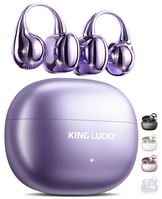 King Lucky Clip on Earbuds Open Ear Wireless Bluetooth 5.4 Headphones with Mic,50H Play,Noise Cancelling,Waterproof,Sports Ear Buds,Comfortable for Small Ears & Glasses Wearers,Workouts (Purple)