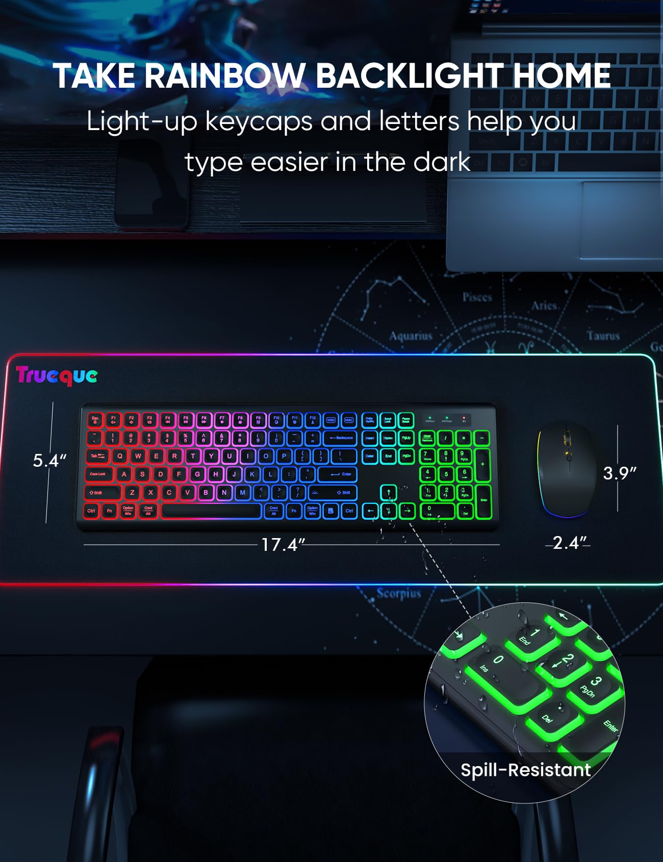 Wireless Keyboard and Mouse Combo - RGB Backlit, Rechargeable & Light Up Letters, Full-Size, Ergonomic Tilt Angle, Sleep Mode, 2.4GHz Quiet Keyboard Mouse for Mac, Windows, Laptop, PC