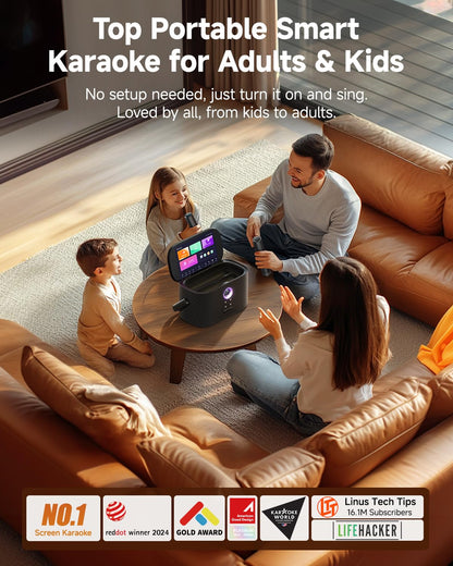 Ikarao Portable Karaoke Machine for Adults, Built-in Lyrics Display and Screen, 2 Self-Charging Wireless Microphones, Karaoke App, 140W Speaker, Connects to TV for Home Party Birthday Outdoor Camping
