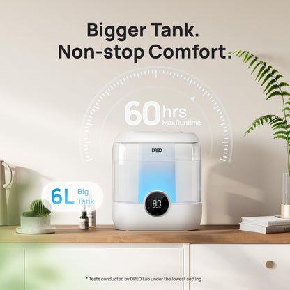 DREO 6L Top Fill Humidifiers for Bedroom, 60H Runtime 28 dB Quiet Supersized Cool Mist Air Humidifiers for Large Room, Baby Nursery, Plant, Indoor, Night Light, Easy to Clean, Precise Humidity Control