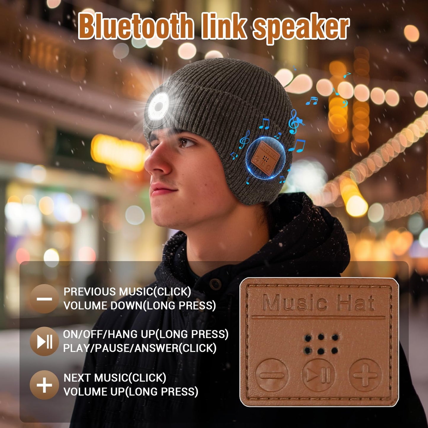 Bluetooth Beanie with Light, Built in Wireless Headphones & Stereo Speakers USB Rechargeable Bluetooth Hat Unique Tech Gifts Birthday Gifts for Men and Women (Dark Grey Adult)