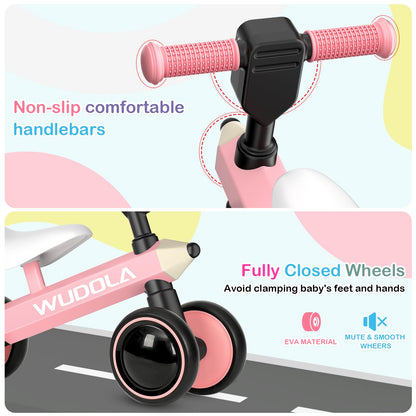 Wudola Baby Balance Bike for 1 Year Old, Birthday Gifts for Boys and Girls - No Pedal 4 Silence Wheels & Soft Seat Toddler Bike for 10-36 Months, Pink