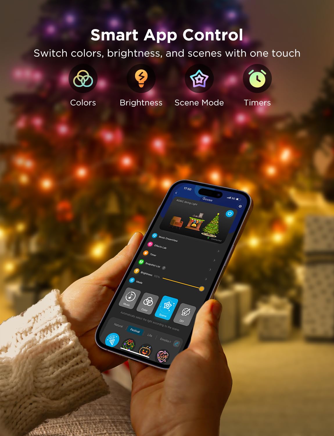 Govee Christmas Lights 33ft, Smart RGBIC Halloween Lights App-Controlled, 125+ Scene Modes, IP65 Waterproof, Sync with Music, Works with Alexa, String Lights for Christmas Halloween Decorations