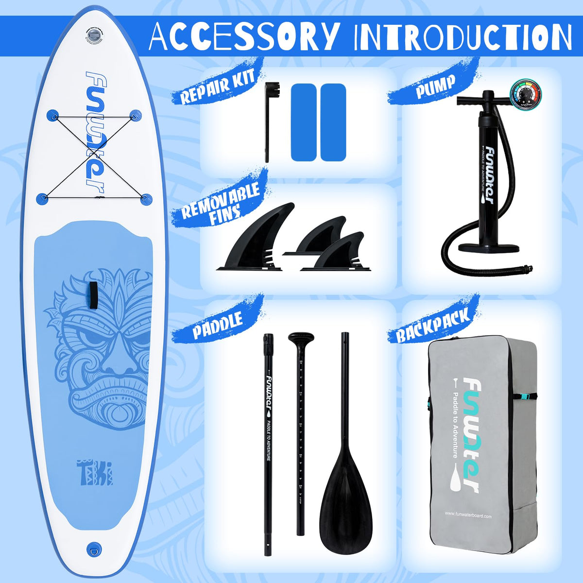 FunWater 10'6×33"×6" Inflatable Stand Up Paddle Board with Premium SUP Paddleboard Accessories,Adults & Youth for All Skill Levels, Included with Board, Paddle, Pump, Three Fins, Backpack