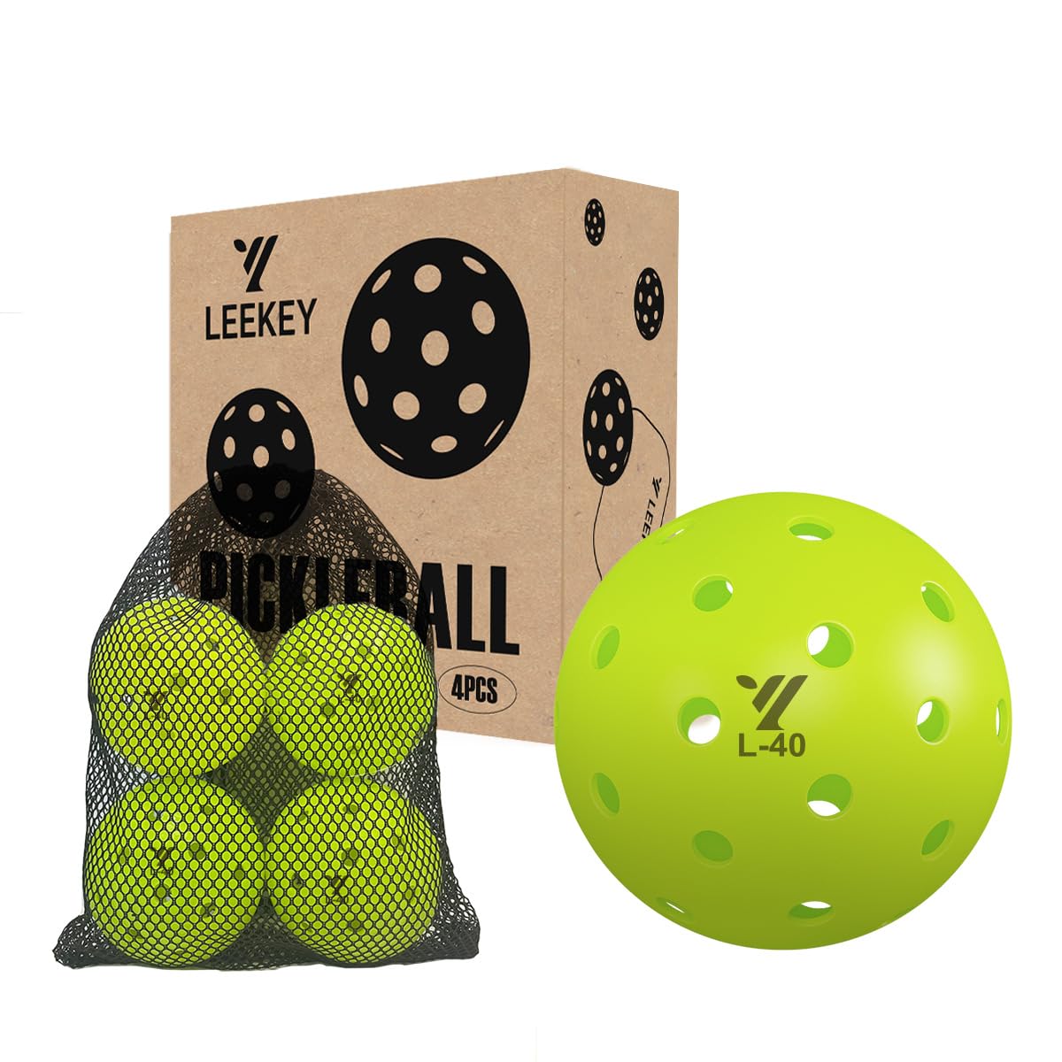 LEEKEY Pickleball Balls- 40 Hole Outdoor Pickleballs,4/12 Pack Pickleballs Set with Mesh Bag, High Bounce & Durable Pickle Balls,Pickleball Accessories,Sports Gift (4PCS)