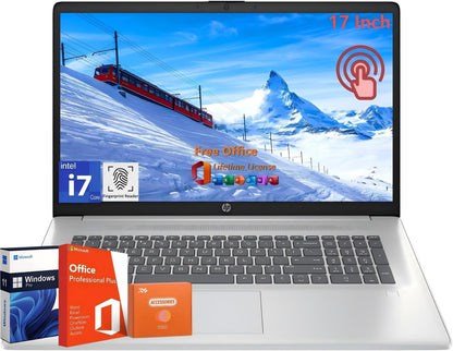 HP 17 Touchscreen Laptop Computer for Business, 17.3" HD+ Touch Screen Display, Intel 10-Core i7-1355U, 64 GB RAM, 2 TB SSD, Intel Graphics, Wi-Fi 6, Fingerprint, Lifetime Office Pro, Windows 11 Pro