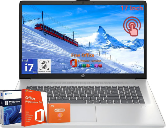HP 17 Touchscreen Laptop Computer for Business, 17.3" HD+ Touch Screen Display, Intel 10-Core i7-1355U, 64 GB RAM, 2 TB SSD, Intel Graphics, Wi-Fi 6, Fingerprint, Lifetime Office Pro, Windows 11 Pro