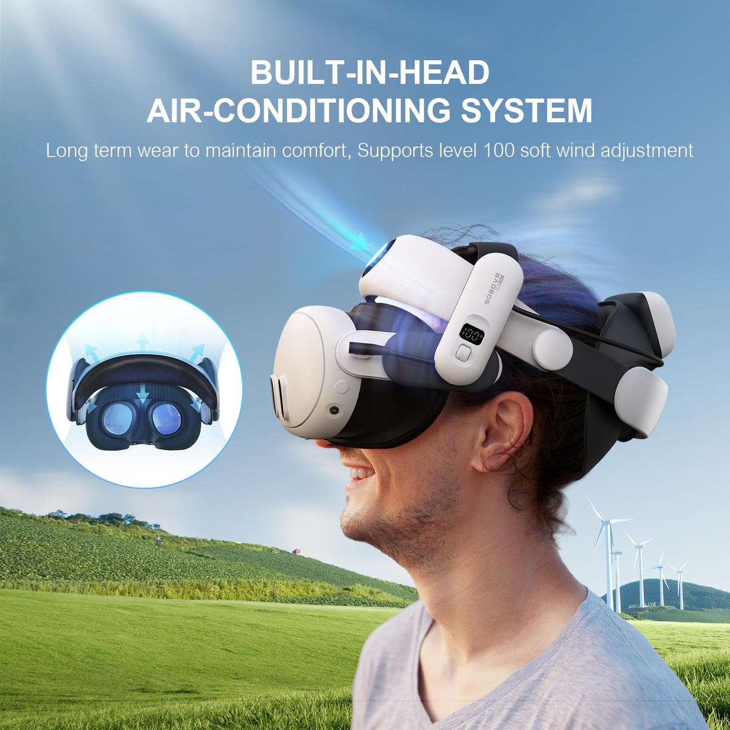 BOBOVR S3 Pro Battery Strap Accessories,Head Air Cooling System and 10000mah Hot-swappable Battery Pack,Compatible with Meta Quest 3/Quest 3S
