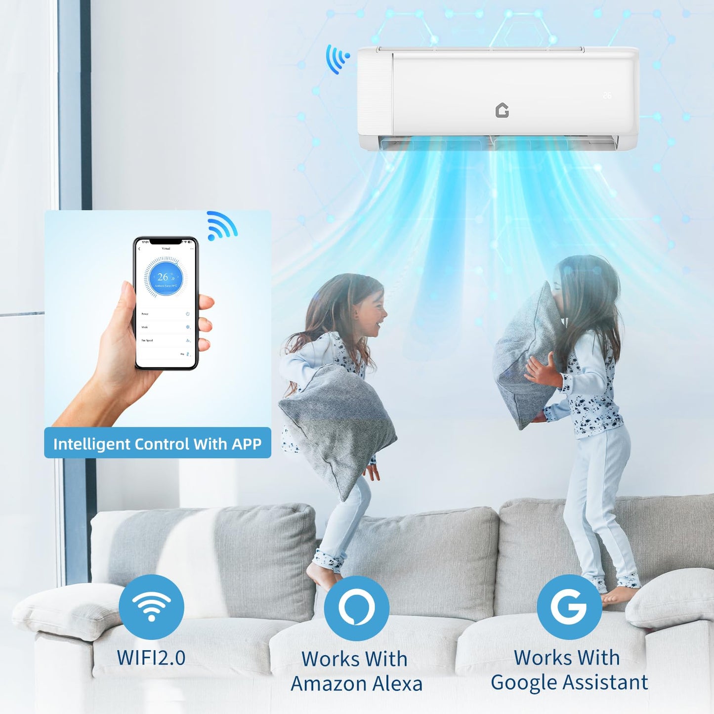 9000 BTU Mini Split AC w/Remote Control19 SEER2 Cools Up to 450 Sq. Ft,Ductless Inverter Mini Split System w/0.75 Ton Heat Pump Pre-Charged & Installation Kit, Ultra-Quiet