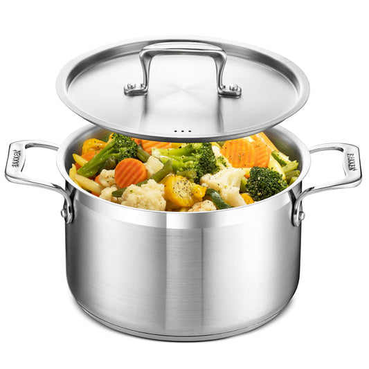 Stockpot – 5 Quart – Brushed Stainless Steel – Heavy Duty Induction Pot with Lid and Riveted Handles – For Soup, Seafood, Stock, Canning and for Catering for Large Groups and Events by BAKKEN