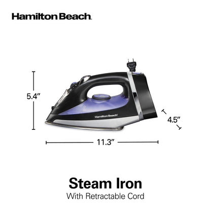 Hamilton Beach Steam Iron for Clothes & Garment Steamer with Smooth Press Stainless Steel Soleplate, 1200 Watts, 8’ Retractable Cord, Black (14214)
