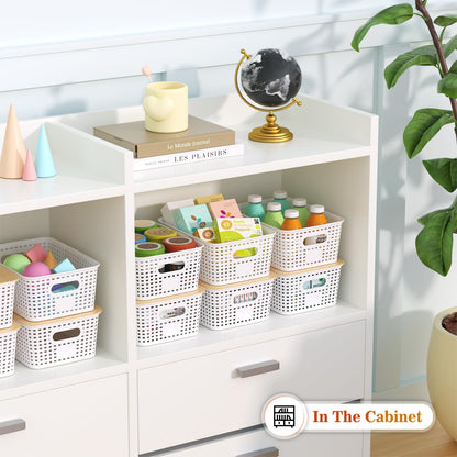 Plastic Storage Baskets With Bamboo Lid - Plastic Storage Containers Stackable Storage bins: Storage Baskets for Organizing Shelves Drawers Desktop Closet Playroom Classroom Office, 6 Pack