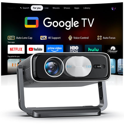 Smart 4K Projector [Bundled with Google TV Stick] with WiFi and Bluetooth, 3000ANSI, Auto Lens Cap, Portable Outdoor Movie Projector with Built-in Apps Auto Focus for Ceiling/Home Theater/Bedroom