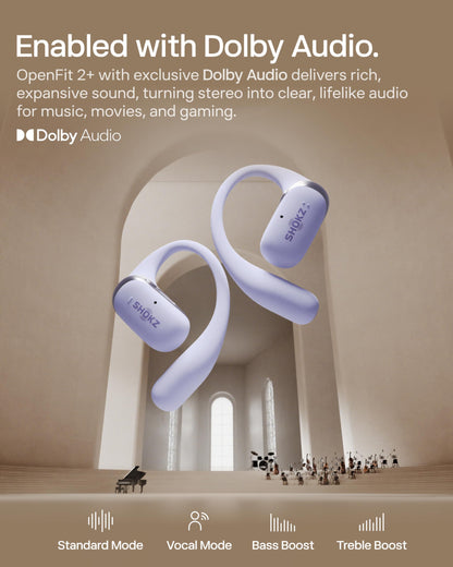 SHOKZ New OpenFit 2+ Open-Ear Headphones,Dolby Audio Enabled,Comfortable Earbuds with Soft Ear Hooks,48H Playtime,IP55 Water-Resistant,USB-C Fast Charging,Wireless Charging - Online Exclusive Purple