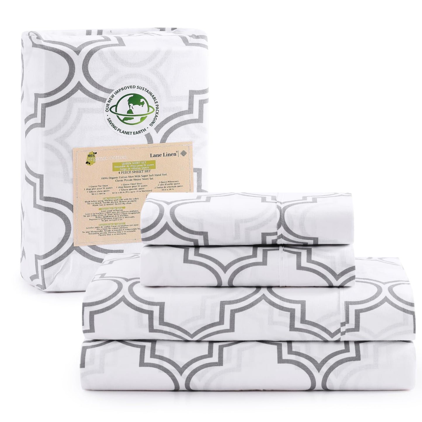 LANE LINEN 100% Organic Cotton Full Sheets Set Fully Elasticized Naturally Temperature Regulating Mercerized Cotton Printed Full Bedding & Pillowcases Set - Trellis