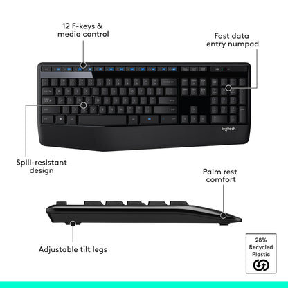 Logitech MK345 Wireless Combo Full-Sized Keyboard with Palm Rest and Comfortable Right-Handed Mouse, 2.4 GHz Wireless USB Receiver, Compatible with PC, Laptop,Black