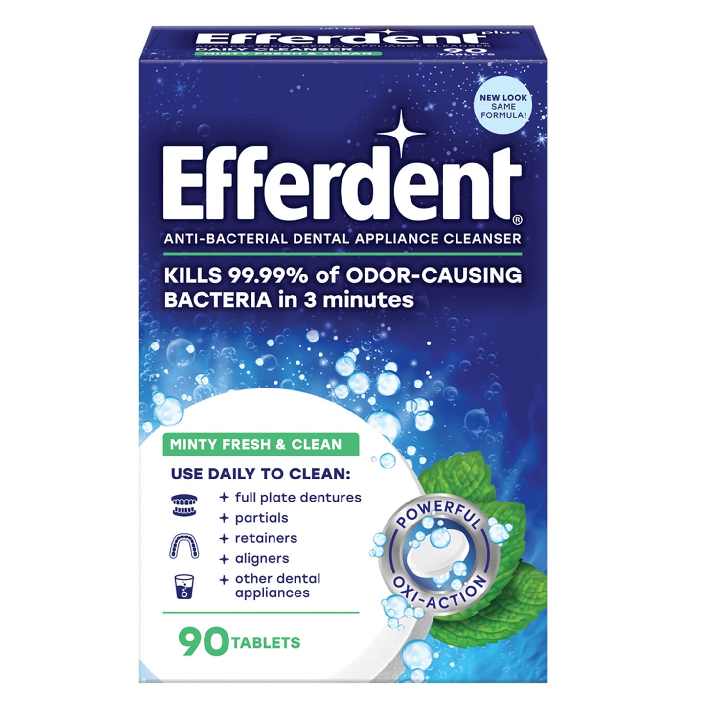 Efferdent Retainer Cleaning Tablets, Denture Cleanser Tablets for Dental Appliances, Fresh & Clean, Minty Fresh, 90 Tablets